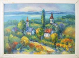 Halpert Mária (1942-): Dörgicsei táj (Balaton). Olaj, farost, jelezve jobbra lent. Bal felső sarkában apró felületi sérülésekkel. Dekoratív, sérült fakeretben. 50×70 cm