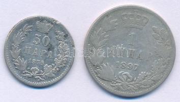 Szerbia 1875. 50p Ag "IV. Milan Obrenović" + 1897. 1D Ag "I. Sándor" T:F
Serbia...