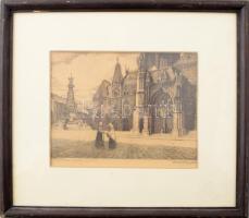 Conrad Gyula (1877-1959): Szentháromság tér (Budai vár). Rézkarc, papír, jelzett, üvegezett fakeretb...