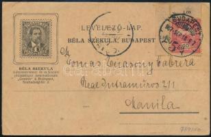 1907 Szekula Béla levelezőlapja Turul 10f bérmentesítéssel Manilába