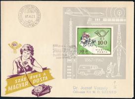 1967 100 éves a Magyar Posta "talpas" vágott blokk FDC-n (45.000)