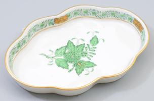 Herendi Apponyi zöld mintás ékszeres tálka, jelzett, hibátlan, 14x9,5 cm