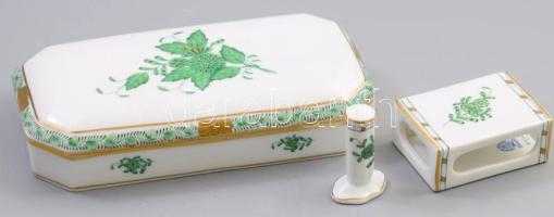 Herendi Apponyi zöld mintás háromrészes dohányzó szett, gyufatartó, csikkelnyomó, cigarettatartó doboz, jelzett, hibátlan.