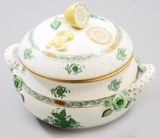 Herendi Apponyi zöld mintás leveskínáló tál, citrom fogóval. Jelzett, egy szirmon minimális pattogzással, 27x20 cm