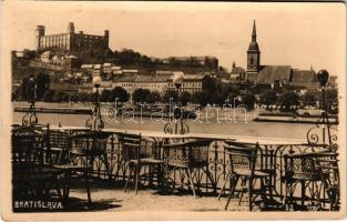 1934 Pozsony, Pressburg, Bratislava; Dunai fürdő uszoda, vár, vendéglő és kávéház terasza / Danube swimming pool, castle, terrace of a cafe restaurant