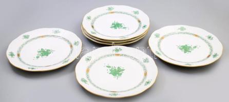 Herendi Apponyi zöld mintás nagytányér szett, 6 darab, jelzett, 2 tálon repedésvonallal, d: 25,5 cm