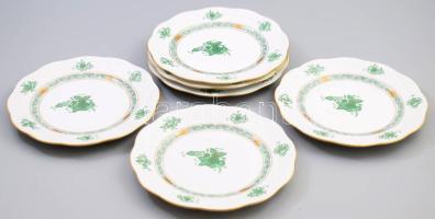 Herendi Apponyi zöld mintás süteményes tányér szett, 6 darab, jelzett, hibátlan, d: 19 cm