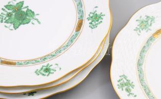 Herendi Apponyi zöld mintás süteményes tányér szett, 6 darab, jelzett, hibátlan, d: 19 cm