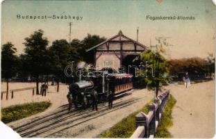 1923 Budapest XII. Svábhegy, Fogaskerekű vasútállomás, megálló, gőzmozdony, vonat. Vasúti levelezőlapárusítás 4558. (EM)