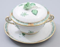 Herendi Apponyi zöld mintás fedeles leveses csésze rózsa fogóval, alátéttel. Jelzett, hibátlan, d: 16 cm, m: 10 cm