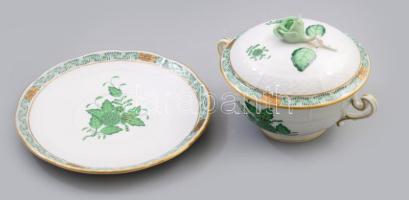Herendi Apponyi zöld mintás fedeles leveses csésze rózsa fogóval, alátéttel. Jelzett, hibátlan, d: 16 cm, m: 10 cm