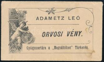 cca 1900 Receptboríték Túrkeve, Adametz Leó gyógyszertára 9,5x5,5 cm