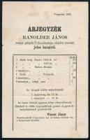 1869 Veszprém: Árjegyzék Ranolder János veszpr. püspök Ő excellentiája tulajdon termésű jeles borairól.