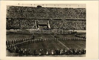 Budapest XIV. Népstadion megnyitó ünnepsége. Képzőművészeti Alap képeslap + "1954 XII. Főiskolai Világbajnokság" So. Stpl