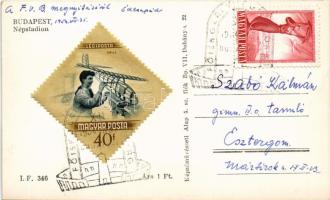 Budapest XIV. Népstadion megnyitó ünnepsége. Képzőművészeti Alap képeslap + "1954 XII. Főiskola...