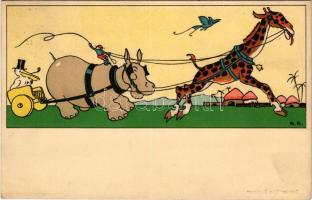 1916 Pelikán utazik a víziló és zsiráf vezette szekéren / Pelican traveling on a hippopotamus and giraffe drawn chariot art postcard. Meissner &amp; Buch "Lustiges aus aller Welt" Serie 2046. litho s: M.R.