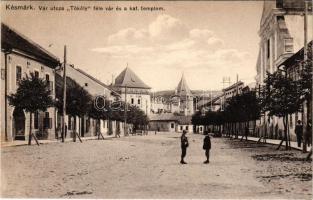 Késmárk, Kezmarok; Vár utca, Thököly vár és a katolikus templom. Feitzinger Ede No. 908. / street view, castle, Catholic church (EK)