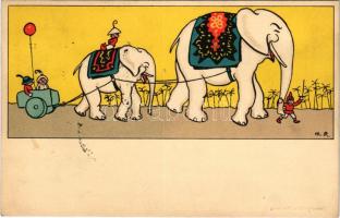 1916 Elefántok vezette szekér / Elephants driving a cart art postcard. Meissner &amp; Buch "Lustiges aus aller Welt" Serie 2046. litho s: M.R. (gyűrődés / crease)