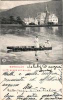 1905 Beregvár, Karpaty, Karpati (Szentmiklós, Beregszentmiklós, Cinadievo, Chynadiyovo); Schönborn kastély, csónakázók a tóban / castle, boat in the lake