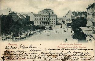 1900 Pozsony, Pressburg, Bratislava; Sétatér, városi színház, villamos / Promenade und städt. Theater / promenade, theatre, tram (fl)