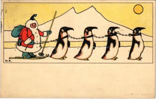 1916 A Mikulást pingvinek húzzák / Penguins pull Saint Nicholas art postcard. Meissner &amp; Buch "Lustiges aus aller Welt" Serie 2046. litho s: M.R.