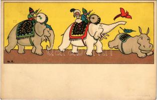 1916 Dobosok elefánton és vízilóval / Drummers on elephant back with hippopotamus art postcard. Meissner &amp; Buch "Lustiges aus aller Welt" Serie 2046. litho s: M.R. (fl)