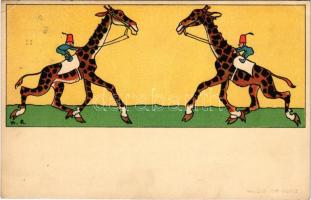 1916 Zsiráfháton / Riding on giraffe back art postcard. Meissner &amp; Buch "Lustiges aus aller Welt" Serie 2046. litho s: M.R. litho (EK)