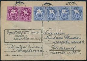 1946 (12. díjszabás) Levelezőlap 6 db Lovasfutár bélyeggel "ENCS" - Budapest (gyűrött / creases)