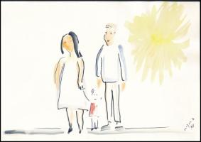 Kozma György (1954-): Családi nap (cím nélkül). Akvarell, tus, papír, jelezve jobbra lent, 21x29,5 cm