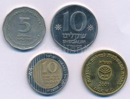 Izrael 1984. 10S Cu-Ni + 1990. 5S Cu-Ni + 1995. 10S bimetál + 2001. "Jerusalem" brass zset...