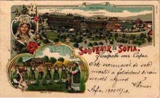 1900 Sofia, Sophia, Sofiya; Hotel Bulgaria, Kriegsministerium, Horo Tanz / hotel, Ministry of War, dance. Art Nouveau, floral, litho (Rb)