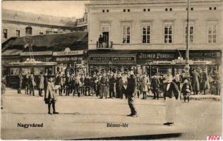 1908 Nagyvárad, Oradea; Bémer tér, Wallerstein Fülöp Fiai, Jelinek Ferenc, Sonnenfeld Adolf üzlete, villamos, China ezüst gyári raktár. Helyfi László kiadása / square, street view, shops, tram, warehouse (EB)