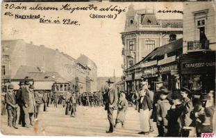 1910 Nagyvárad, Oradea; Bémer tér, Wallerstein Fülöp Fiai, Jelinek Ferenc, Sonnenfeld Adolf üzlete, villamos, China ezüst gyári raktár. Helyfi László kiadása / square, street view, shops, tram, warehouse (EB)