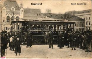 1910 Nagyvárad, Oradea; Szent László tér, villamos / square, tram (fa)