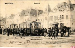 1906 Nagyvárad, Oradea; Indóház, vasútállomás, villamos / railway station, tram