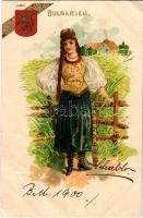 1900 Bulgarien / Woman in Bulgarian folk costume, coat of arms. Art Nouveau, litho (EB)