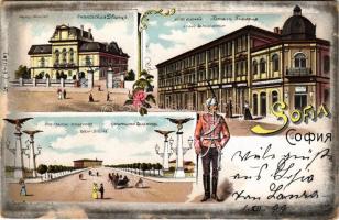 1899 (Vorläufer) Sofia, Sophia, Sofiya; Palais Princier, Hotel Bulgaria, Zarigradski Boulevard, Adler Brücke / palace, hotel, boulevard, bridge. Art Nouveau, litho (worn corners)