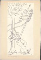 Kaján Tibor (1921-2016): Nadrágszíj (karikatúra). Tus, fedőfehér, papír, jelzett, kartonra kasírozva, 26,5×13 cm