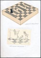 Kaján Tibor (1921-2016): 2 db sakk támájú karikatúra). Tus, fedőfehér, papír, jelzett, egy papírra kasírozva, 12×19 és 8x12 cm