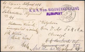 1916 Tábori posta képeslap "K.u.k. 9 cm. KANONENABTEILUNG BUDAPEST" + "FP 186"