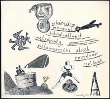 Szemethy Imre (1945-): Retúrgólem (...), 1993. Tus, kollázs, karton, jelzett. Megjelent az Élet és Irodalom folyóiratban. Hátoldalán feliratozott. Apró lapszéli szakadásokkal. 21x23 cm