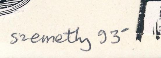 Szemethy Imre (1945-): Retúrgólem (...), 1993. Tus, kollázs, karton, jelzett. Megjelent az Élet és I...