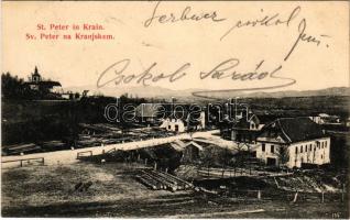 1916 Pivka, St. Petra na Krasu, San Pietro del Carso, St. Peter in Krain; general view, wood cutting, Hotel St. Peter, lumber yard, church. B.K.S.W.