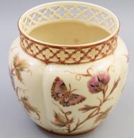 Zsolnay ritka pillangó mintás kaspó, áttört peremrésszel, jelzett, hibátlan, m: 17 cm
