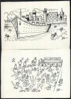 Szegő Gizi (1902-1985): 7 db karikatúra. Vegyes technika, papír, jelzett, egy kivételével "Luda...