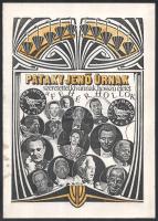 1994 ,,Pataky Jenő úrnak szeretettel kívánnak hosszú életet a Fehér Hollók", üdvözlőlap Pataky Jenő (1914-1996) színész 80. születésnapja alkalmából, a Fehér Hollók Társasága (színészek, művészek asztaltársasága) tagjainak aláírásaival: Forgács László (1921-1996) színész, Cenner Mihály (1917-2001) színháztörténész, Udvaros Béla (1925-2020) rendező, Búza Barna (1910-2010) szobrász, éremművész, Molnár Ottó "Mottó" (1920-2007) grafikus, karikaturista és felesége, Gyukár Tibor, Lengyel Ferenc, Kemény Gizi, Tarnai Magda, stb.