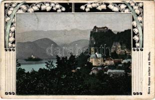 1917 Bled, Veldes; Nova zupna cerkev na Bledu / church, lake, castle. Art Nouveau floral (b)