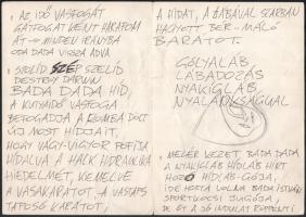 cca 2005 Bada Dada (Bada Tibor, 1963-2006) képzőművész, zenész humoros kéziratai, egyiken kisebb raj...