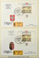 WIPA 1981 gyűjtemény, alkalmi küldemények 52 db Lindner előnyomott albumlapon, tokban, főleg az osztrák kiállítási blokk különböző alkalmi leveleken, díjjegyesek, ballonposták, sok külföldi alkalmi küldemény