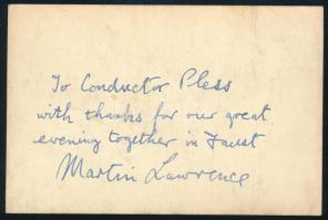 Martin Lawrence operaénekes autográf dedikációja őt ábrázoló fotón, Pless László (1905-1974) Kossuth...